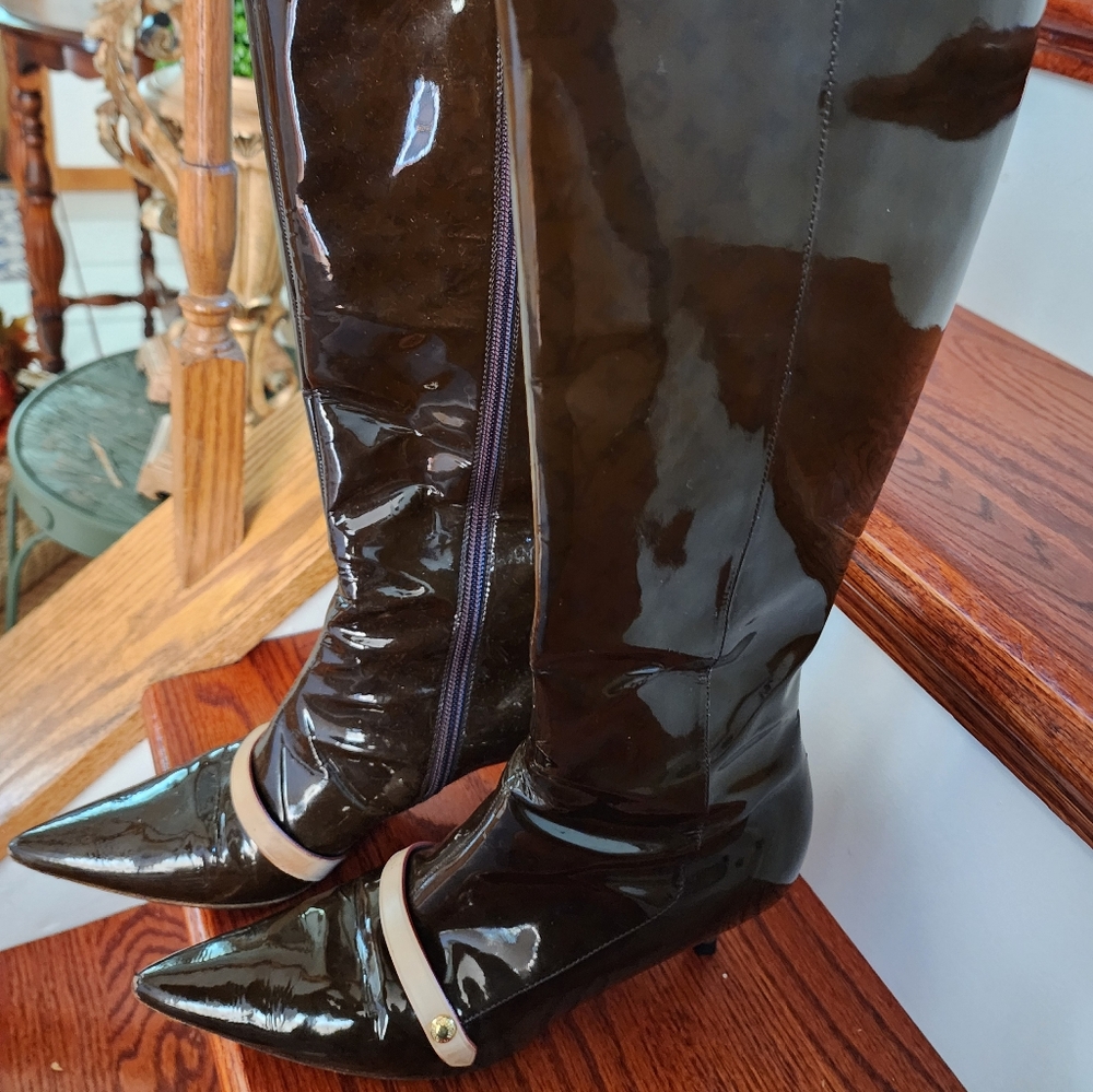 Louis Vuitton Brown patent leather Monogram Knee High Boots